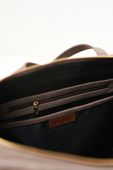 Top view of the Rodeo Totepack Brown showing the inner pocket with zipper detailing.